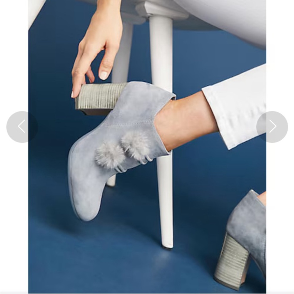 Gray Suede Pom-Pom Block Heel Booties - Women